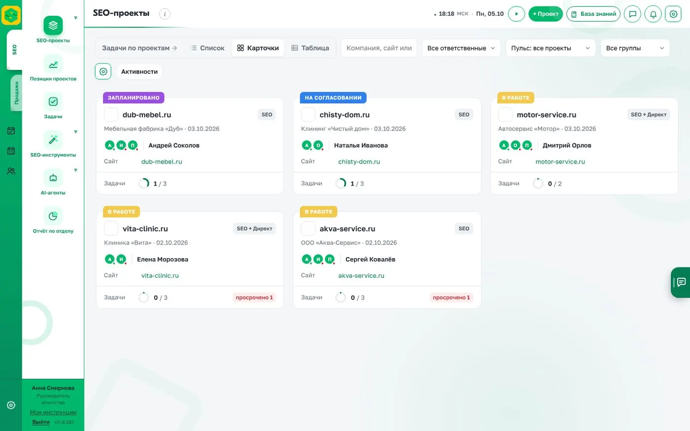 SEO-проекты: вид «Карточки»
